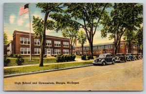 Sturgis Michigan~High School & Gymnasium~Classic Cars~Vintage Linen Postcard