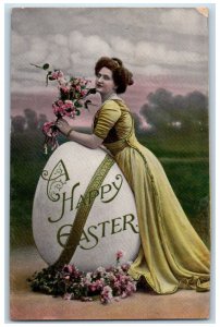 c1910's Easter Giant Egg Pretty Woman With Flowers Gel Unposted Antique Postcard