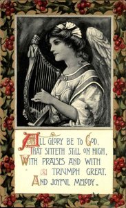 Christmas Young Woman Angel Playing Harp Holly Border c1910 Postcard