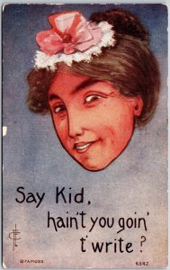 1910's Woman Head Drawing Say Kid, Ain't You Goin To Write? Posted Postcard