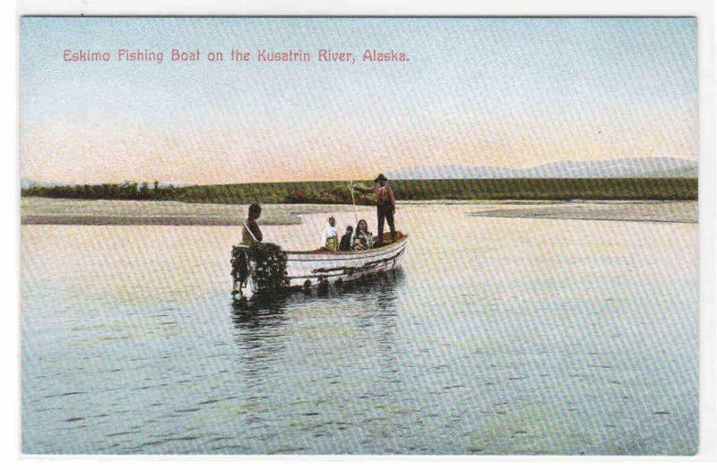 Eskimo Fishing Boat Kusatrin River Alaska 1910c postcard