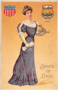 C96/ STATE GIRL POSTCARD 1909 Columbus Ohio Girl Famring Plow Embossed 