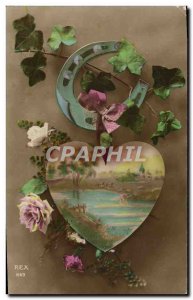 Old Postcard Fantasy Flowers Horseshoe Heart