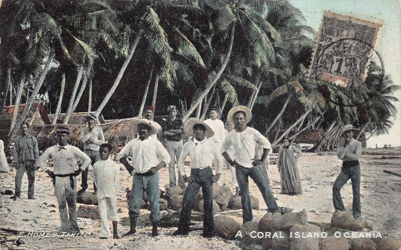 A CORAL ISLAND TAHITI OCEANIA SAMOA FRANCE COLONY STAMP POSTCARD (1908)