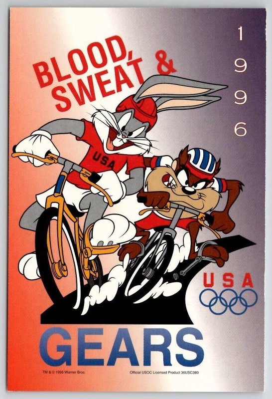 Looney Toons 1996 Olympics USA Cycling Bugs Bunny & Taz Atlanta 4x6 Postcard S29