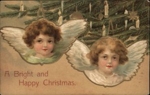 Christmas Little Girl Angels at Christmas Tree c1910 Vintage Postcard