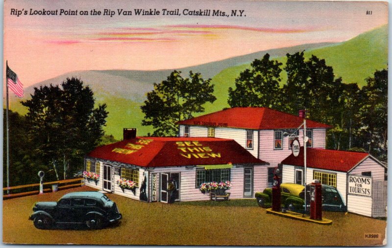 1940s Rip's Lookout Point Rip Van Winkle Trail Gas Pump Catskills NY Postcard