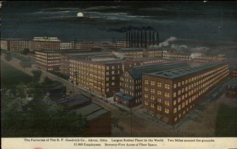 Akron OH  BF Goodrich Co Rubber Plant at Night c1910 Postcard