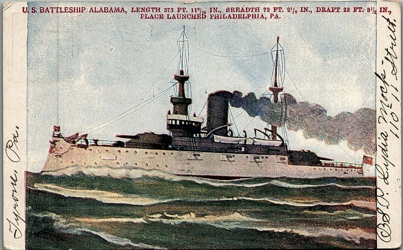 1906 U.S. BATTLESHIP ALABAMA TYRONE PA EARLY UNDIVIDED BACK POSTCARD 29-14 