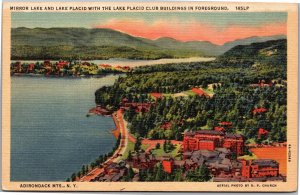 Postcard NY Adirondacks Mirror Lake and Lake Placid aerial