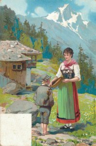 Lady And Boy In The Swiss Alps Vintage Postcard 06.67