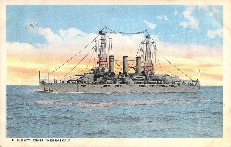  U. S.  Battleship Nebraska, White Border,  Old Postcard