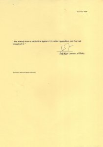 Nigel Lawson Conservative MP Hand Signed Quotation Autograph