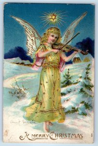 Christmas Holy Angel Playing Violin Winter Scene Embossed Lebanon PA Postcard