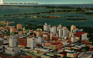 USA Downtown Miami And Biscayne Bay Florida Linen Postcard 08.67