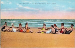 Old Orchard Beach Maine ME Tug Of War People Beach Unused Linen Postcard H12a