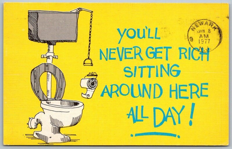 Toilet Potty Humor Comic 1977 Postcard Never Get Rich Sitting Around New Zealand