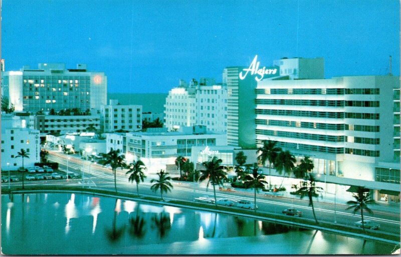 Vtg Miami Beach Florida FL Night View Algiers Hotel 1950s Chrome View Postcard