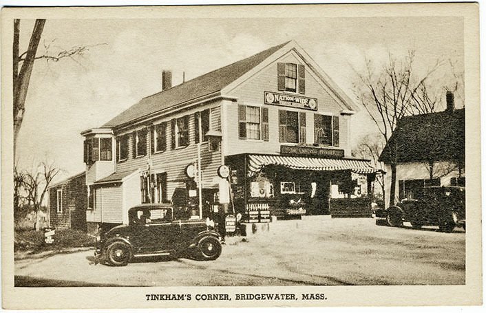 Bridgewater MA Tinkham's Corner Gas Pumps Store Great Signage Old Cars Postcard