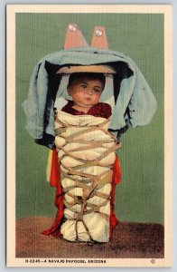 Arizona~Native Americana~Navajo Tribe Baby Papoose Scene~Linen 1940s Postcard