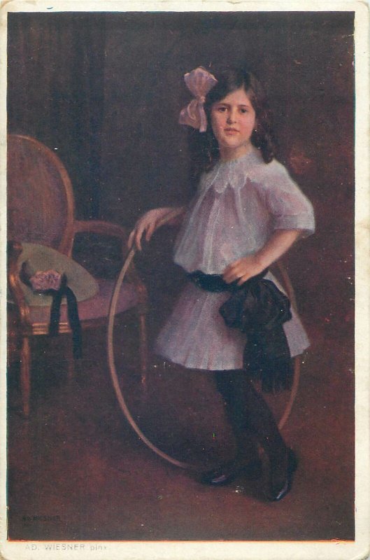 Postcard Ad. Wiesner Portrait of a girl wtih rose butterfly 1911