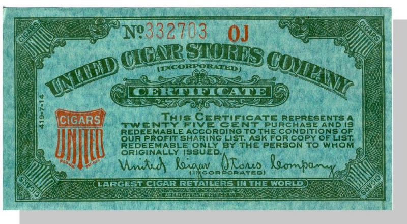 Vintage United Cigar Stores Company Certificate, 1960's?