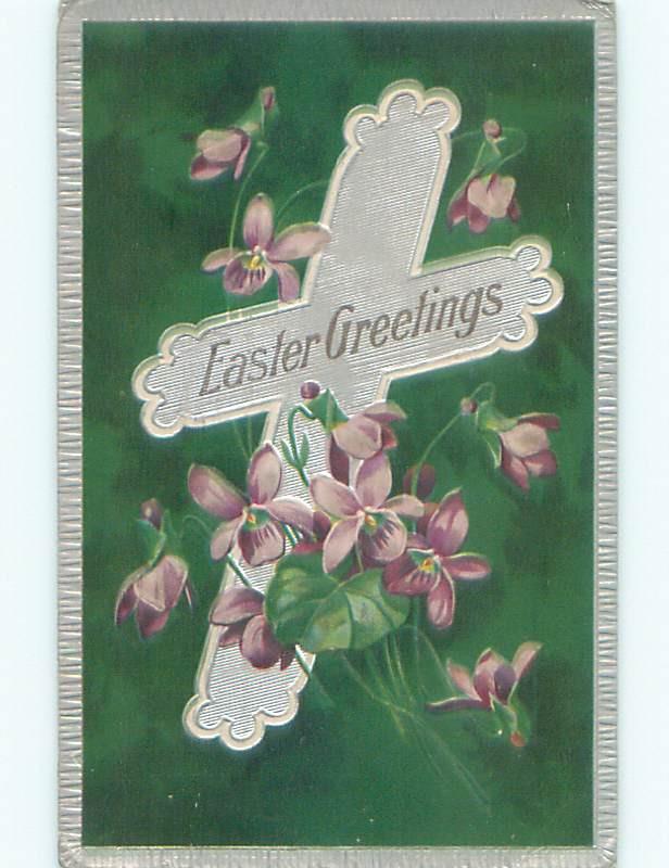 Pre-Linen easter religious JESUS CHRIST WITH PURPLE FORGET-ME-NOT FLOWERS J2128