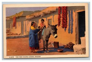 Vintage 1940's Postcard Mexican Mother Teaching Her Child to Ride Burro Arizona