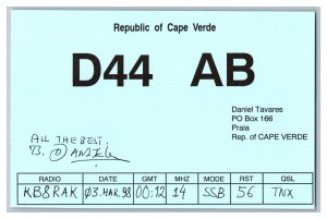 Postcard QSL CB Ham Radio Amateur Card From Republic Of Cape Verde D44 AB 