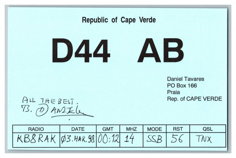 Postcard QSL CB Ham Radio Amateur Card From Republic Of Cape Verde D44 AB