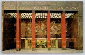 Detroit Michigan~Main Public Library~Cass Ave Entrance~Mural~1950s Postcard