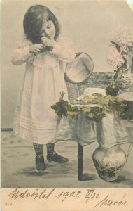 Postcard 1902 little girl hairstyle coiffure comb hair mirror flowers vase 