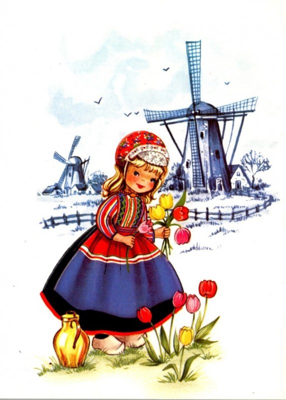 Holland Dutch Girl In Local Costume With Windmill