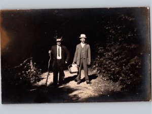 c1910 Dapper Men In Forest Wicker Basket Cane Suits Dapper RPPC Real Photo