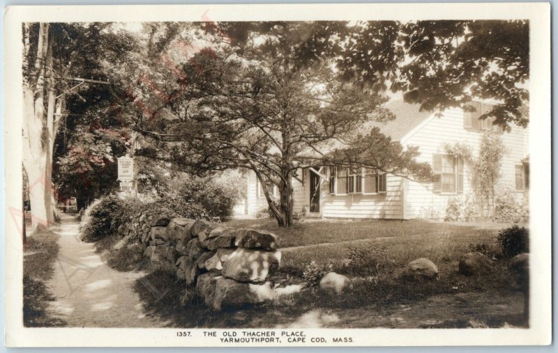 c1930s Yarmouthport, Cape Cod, MA RPPC Old Thacher Place House Stone Wall A186