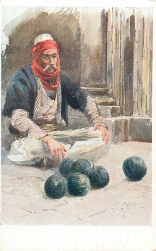 Ethnic type Postcard albanian melon seller street folk job