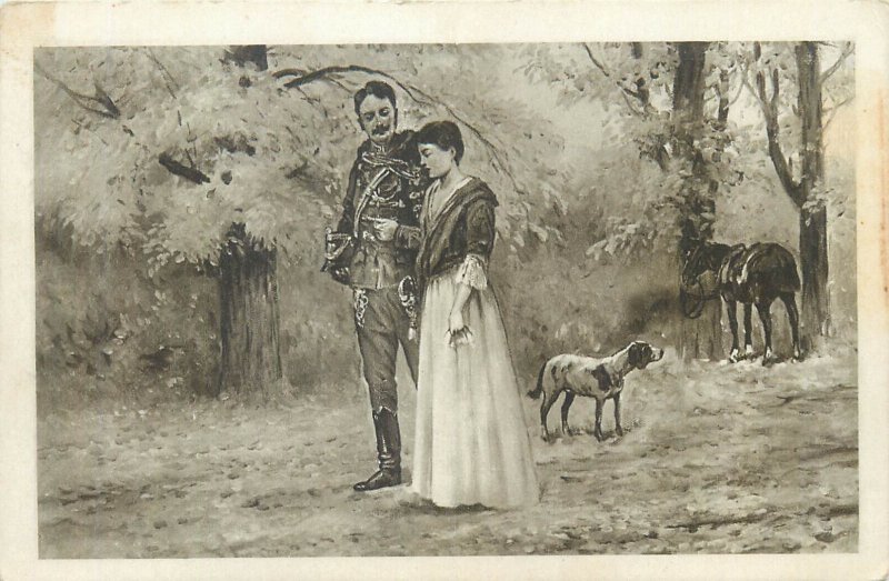 Romantic military lover 1915 postcard officer uniform dog & horse fine art card