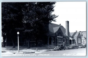 Atlantic Iowa IA Postcard RPPC Photo Congregational Church Cars Scene c1940's