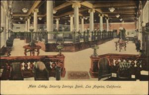 Los Angeles CA Security Savings Bank Main Lobby c1910 Postcard