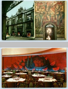 2 Postcards MEXICO CITY ~ Entrance SANBORNS RESTAURANT Murals Interior c1960s