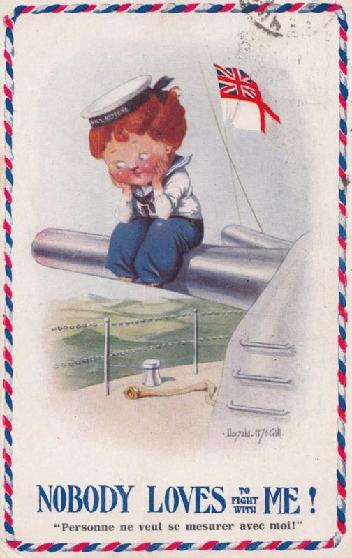 Child On Ship Torpedo Gun Donald McGill Military WW1 War Comic Humour Postcard