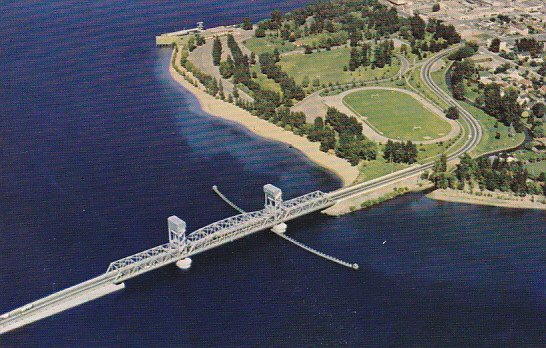 Canada Aerial View of Okanagan Lake Bridge Kelowna British Columbia