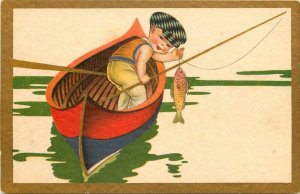 Italian Art Postcard Child in Fishing Boat Catching Fish