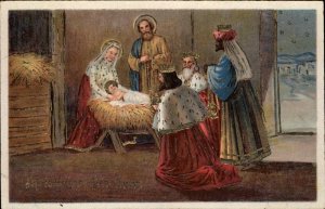 Christmas Nativity Wisemen Bow Before Baby Jesus c1910 Gel Vintage Postcard