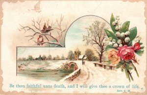 Vintage Postcard Religious Text Landscaped With Flower Bouquet Birds On Twig