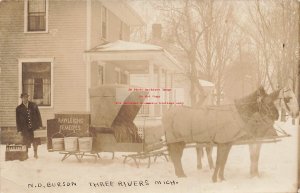 MI, Three Rivers, Michigan, RPPC, Rawleighs Remedies Horse Drawn Sleigh, Photo