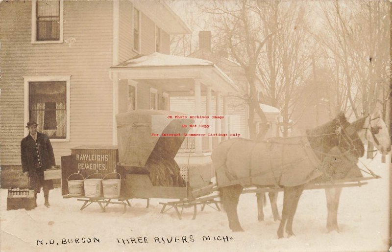 MI, Three Rivers, Michigan, RPPC, Rawleighs Remedies Horse Drawn Sleigh, Photo