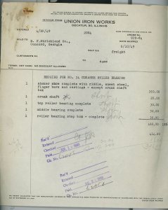 1949 Union Iron Works Decatur Illinois Invoice Repairs to Roller Bearing 237