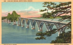 Vintage Postcard 1930's Coos Bay Bridge North Bend Coast Highway Oregon OR