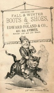 1870's Edward Foland & Co. Man Riding Giant Cat Show Dealer Trade Card P1